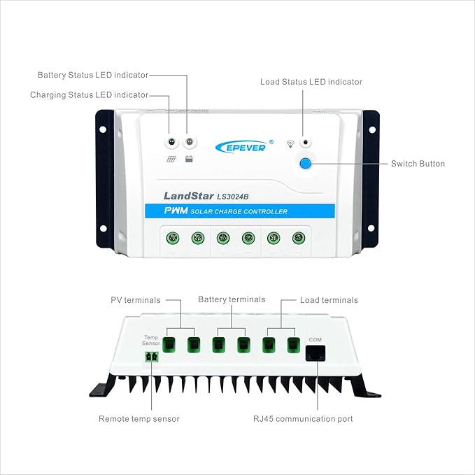 EPEVER Solar Charge Controller 30A PWM Solar Panel Charge Controller Regulator 12/24V Auto Work for Sealed, Gel, Flooded and User Type (LS3024B)