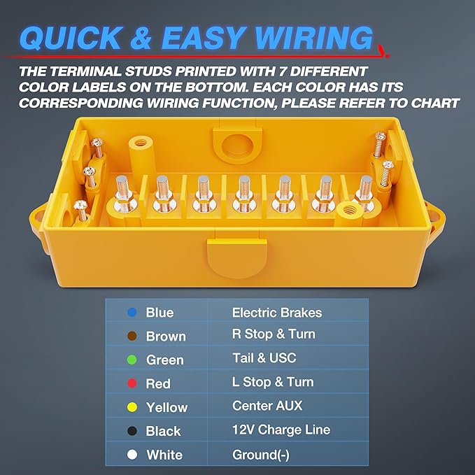 MICTUNING 7 Way Electrical Trailer Junction Box - 7 Gang Trailer Wire Connection Box Weatherproof for Rewiring Camper RV Caravans Boat Light, Yellow Cover