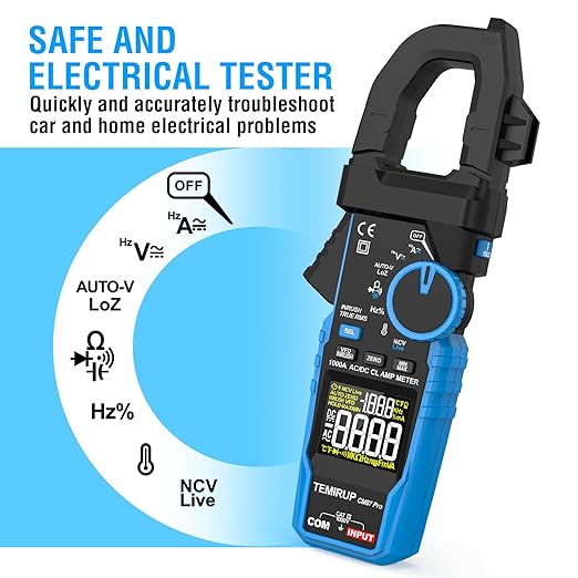 Inrush Digital Clamp Meter Multimeter - TEMIRUP T-RMS 6000 Counts 1000A Amp Voltage Tester with VFD, LOZ, Measures NCV, AC/DC Voltage Current, Continuity Capacitance Frequency Resistance, Temperature