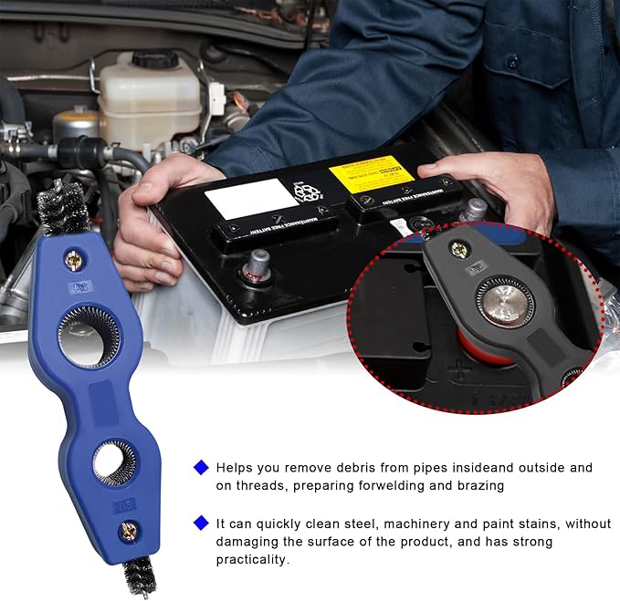 Battery Terminal Cleaning Brush, 4 in 1 Anti-Corrosion Car Battery Cleaner, Vehicle Battery Terminals Machine Parts Cleaning Tool for Auto Marine, Universal Car Accessories (Black+Blue)