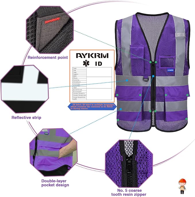 A-SAFETY 6XL 7XL 8XL Purple High Visibility Mesh Safety Reflective Vest with Pockets and Zipper(Purple Mesh 6XL-8XL)