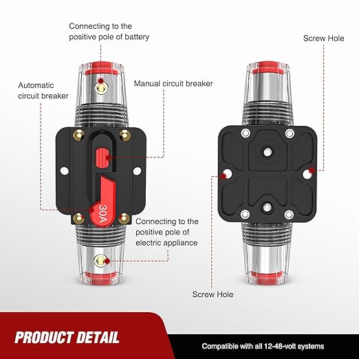 Nilight 30A Inline Circuit Breaker Resettable 12-24V DC Manual Reset Fuse Holder 3-15 AWG Overload Protection for Car Audio Sound Amplifier System RV Marine Boat Truck Solar Inverter
