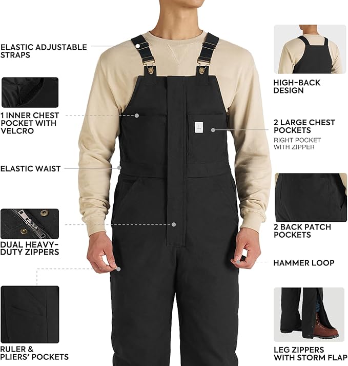 HISEA Men's Insulated Bib Overalls, Winter Water Resistant Duck Canvas Overall, Loose Fit Utility Workwear for Cold Weather