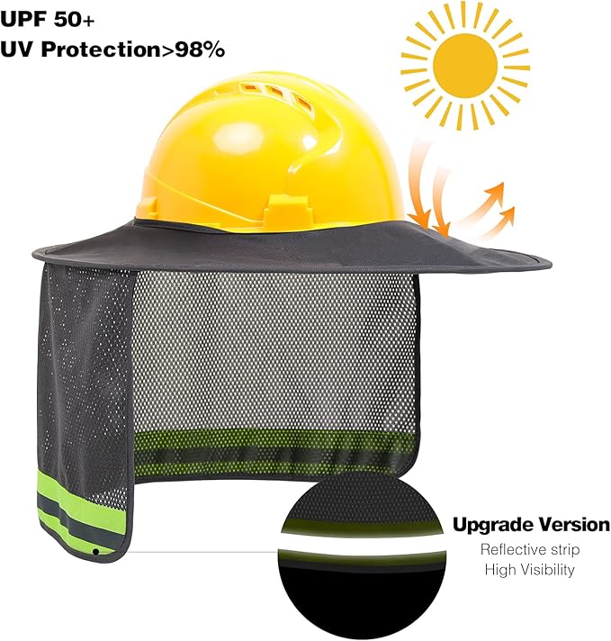 Hard Hat Sun Shade, High Visibility Sun Visor Neck Shade with Reflective Strip, Full Brim, Man & Woman (Hard Hat Not Included), Grey, 2 Pack