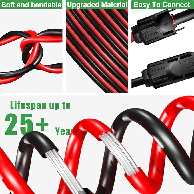 Twin Wire 50FT Solar Extension Cable - 10AWG (6mm²) Solar Panel Connector, with IP67-Male/Female Solar connectors for Outdoor Automotive RV Boat Marine Solar Panel- Black & Red