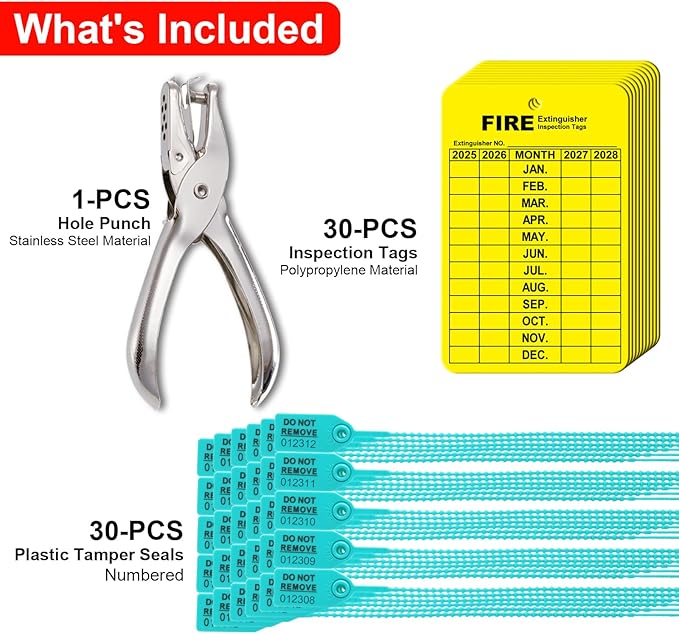 30 Sets Fire Extinguisher Tags Monthly Inspection Tear-Resistant Numbered Plastic Tamper-Evident Cable Ties Easy to Punch Includes Handheld Hole Puncher
