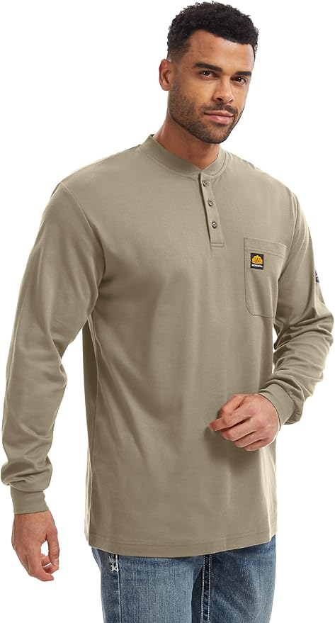 WORKWEYA 6.5oz Flame Resistant Henley Shirt 100% Cotton Lightweight FR Shirts for Men