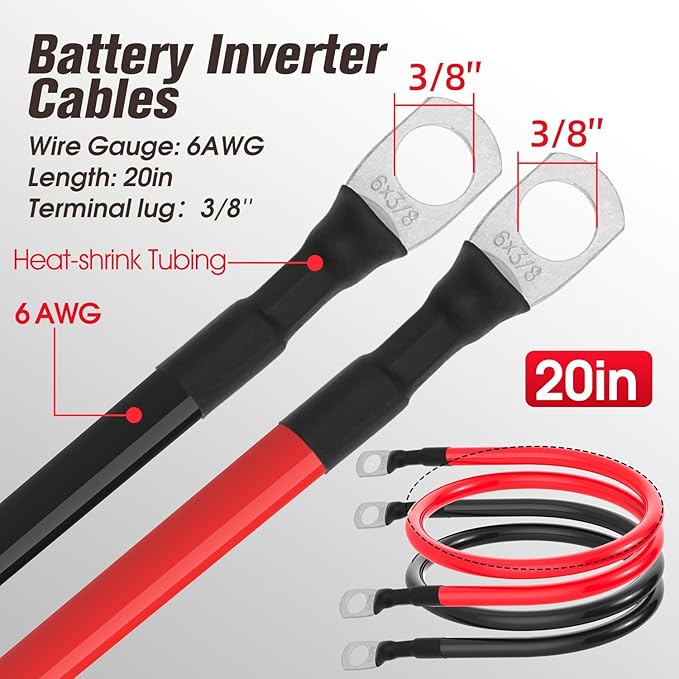 6 AWG Battery Cable 6AWG Gauge Battery Inverter Cables for Automotive Solar Marine Boat RV Car Motorcycle (6 AWG, 20in, 3/8")