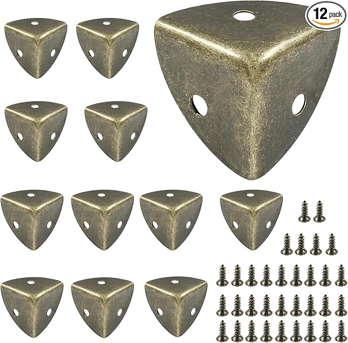 12Pcs Box Corner Protectors, 1" (25mm) Metal Corner Edges Protector Triangle Corner Protectors Bronze Corner Covers Edge Guard with Screws for Wooden Case Trunk Box Table Cabinet