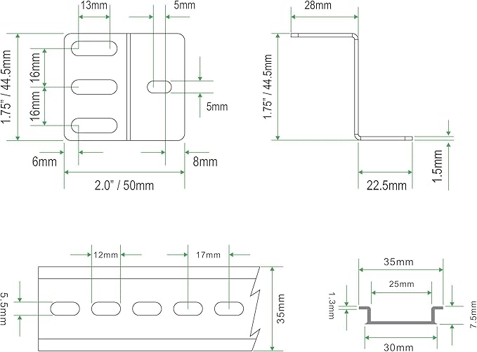 DIN Rail Mounting Bracket | Rack Mount DIN Rail Kit Rack Ears DIN Rail Slotted Aluminum Alloy Oxidation Length 17 Inch Width 35mm Height 7.5mm