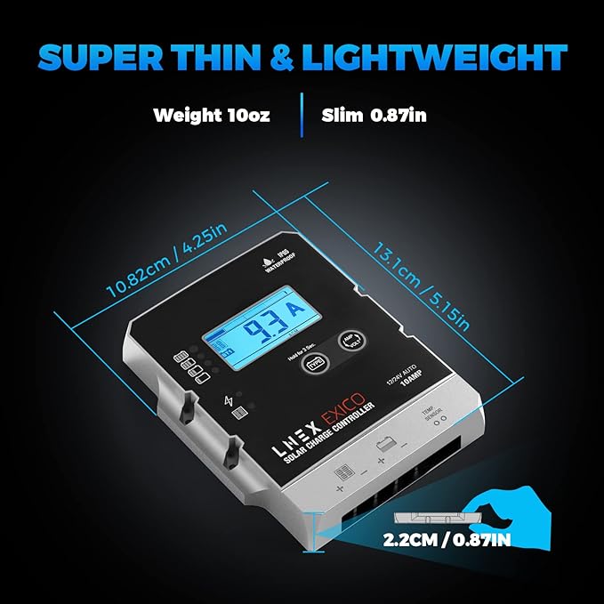 Solar Charge Controller Waterproof, 10A Super Thin Panel Battery Intelligent Regulator With LCD Display 12V/24V PWM Controller for LiFePO4, AGM, Gel, Flooded and Lithium Battery