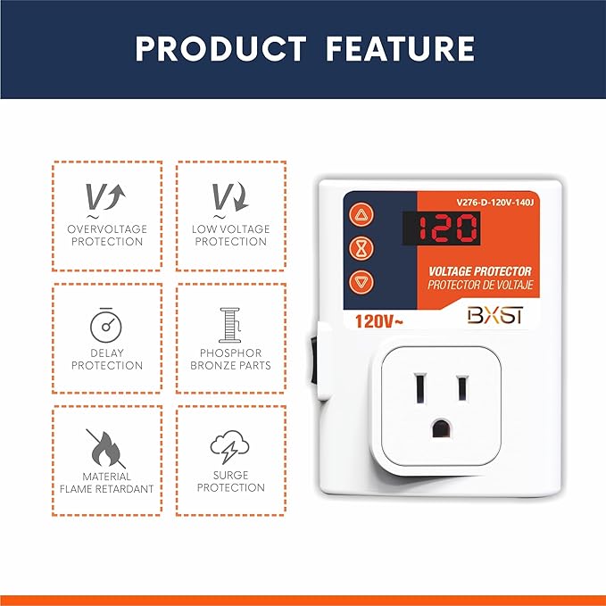 BXST Refrigerator Surge Protector LED Screen 140J Single Outlet Adjustable Low/High Voltage Protection Overload Power Surge Voltage Spike Guard for Home and Office Appliance 120V 15A 1800Watts