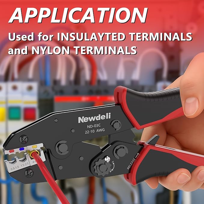 Newdeli Wire Crimping Tool for Insulated Wire Connectors - AWG 22-10 Ratchet Wire Crimper Tool Electrical Wire Terminal Connectors Ratcheting Crimping Plier Crimp Tool