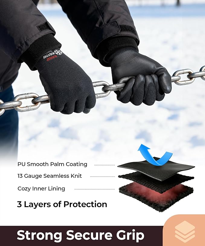 KAYGO 12 Pairs Winter Work Gloves for Men and Women, Thermal Insulated Safety Work Gloves PU Coated, Super Grip,Ideal for Freezer Work,Black,M