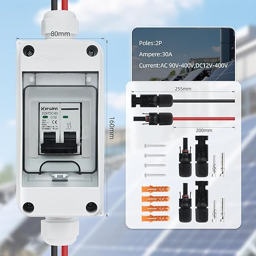 Solar Panel Disconnect Switch,30A 400V Miniature Circuit Breaker Box IP65 Waterproof AC/DC Disconnect Box for photovoltaic Solar Panel Grid-Connected Off-Grid System Home