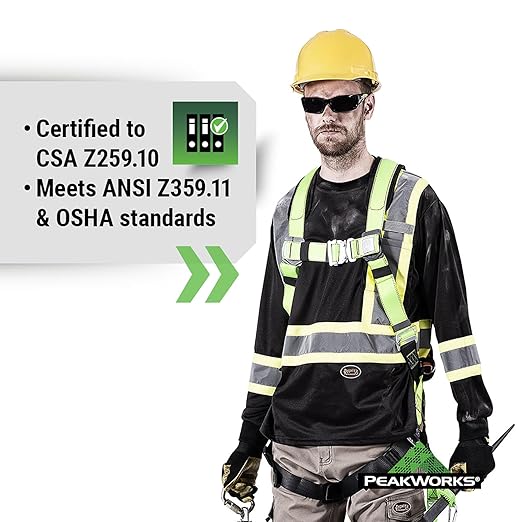 PeakWorks PeakPro Series Safety Harness - Full Body Safety Harness - CSA & ANSI Compliant Fall Protection - 310 lbs Capacity - Universal Size (Multiple Classes & Leg Buckle Types)