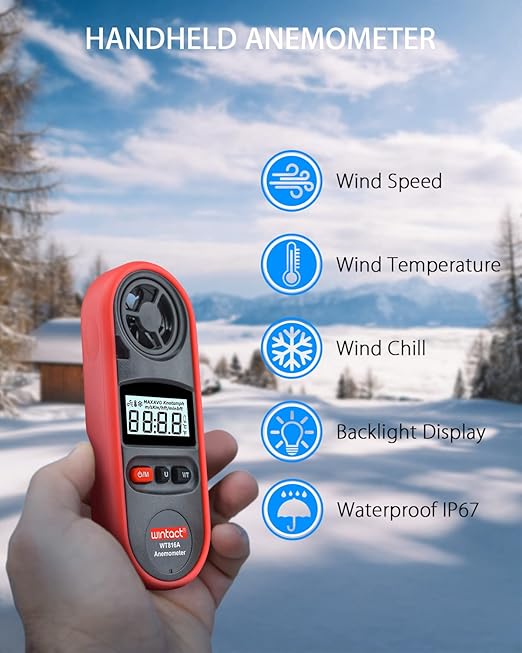 Wintact Handheld Anemometer, Digital Wind Speed Meter Gauge, Air Flow Velocity Tester with Measuring Wind Temperature 14℉ to 113℉ for HVAC Duct Outdoor Kite Boat Sailing Surfing (WT816A)