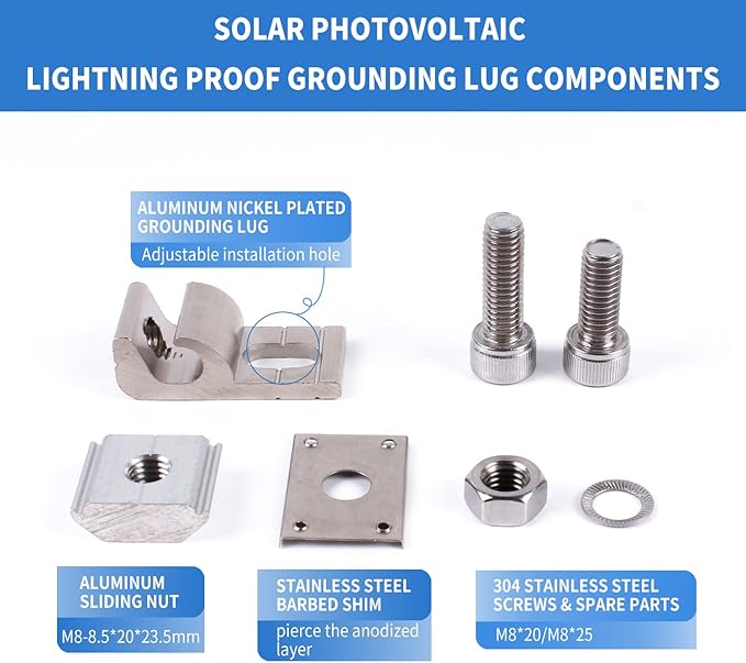 5Sets Solar Panel Grounding Lugs Solar Mounting System Metal Grounding Clips PV Grounding Clip Cable Solar Panel Clamps for Bare Wire and Pipe