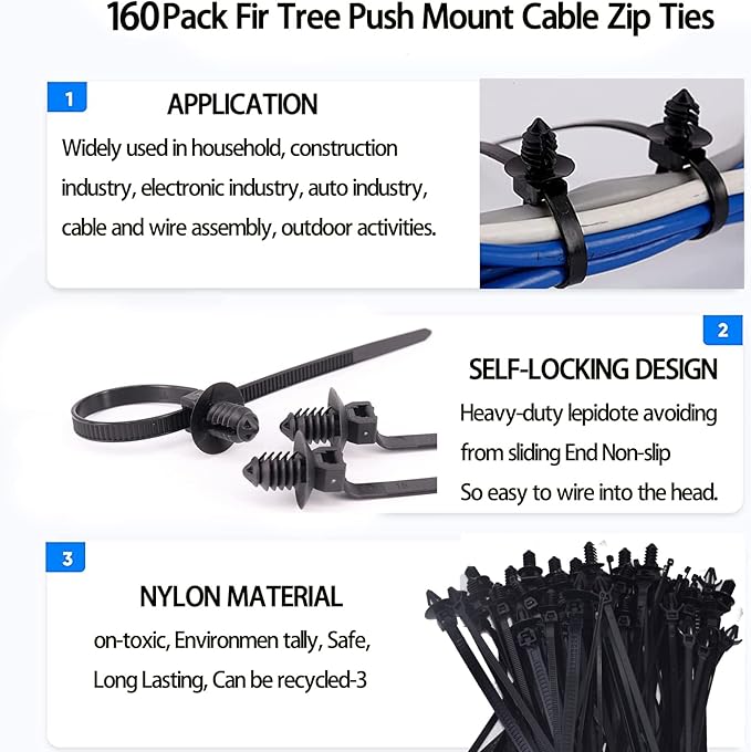160Pcs Universal Nylon Push Mount Cable Zip Tie, Self Locking Cable Strap,Heavy Duty Nylon Push Mount Self Locking UV Resistant,5 Most Popular Sizes,for Indoor Wire Tying Construction Auto ect