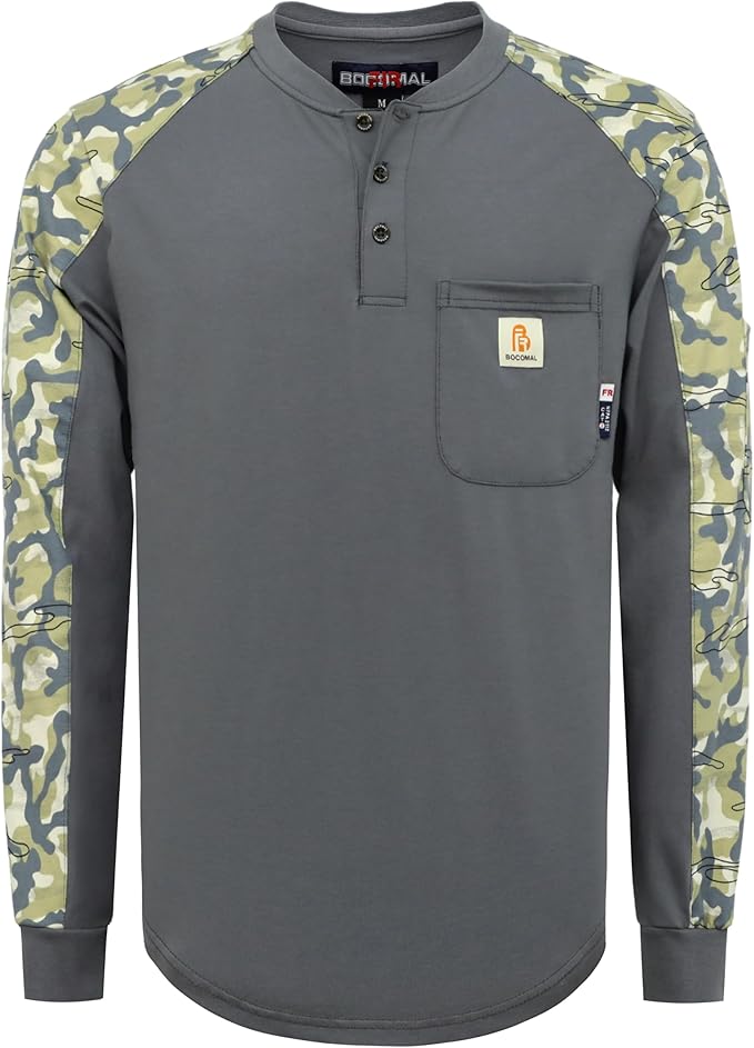 BOCOMAL FR Shirts 6oz Lightweight Flame Resistant Long Sleeve Henley Shirt Fire Retardant Workwear NFPA2112 CAT2