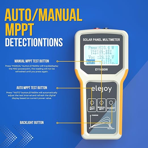EY1600W Solar Panel Tester, Solar DC/AC Power Meter, Photovoltaic Panel Multimeter, Open Circuit Voltage Auto & Manual MPPT, Max. Power Point Voltage/Current, Backlit LCD Display