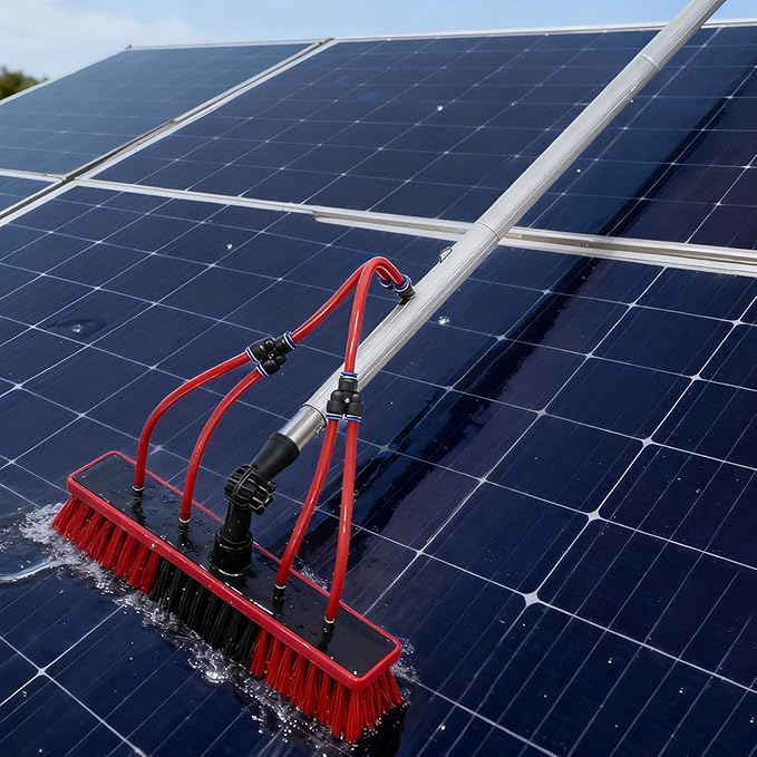 Reach Solar Panel Cleaning Brush Kit, 14" Width Cleaning Brush, Window Washing Equipment Kit with Telescopic Pole 65ft Water Hose Ideal for Snow Removal Windows Boats RVs Decks (26.25ft)