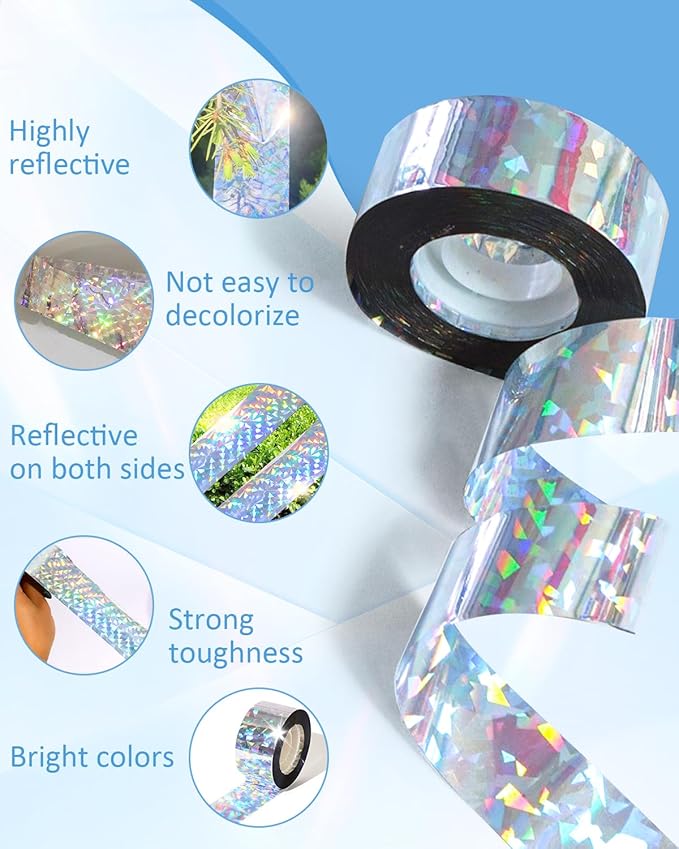 2×502 Ft Bird Scare Tape Ribbon, Double Sided Holographic Flash Reflective Bird Tape, Deterrent Visual Audible Bird Repellent Devices for Outdoor, Garden, Balcony (Irregular)