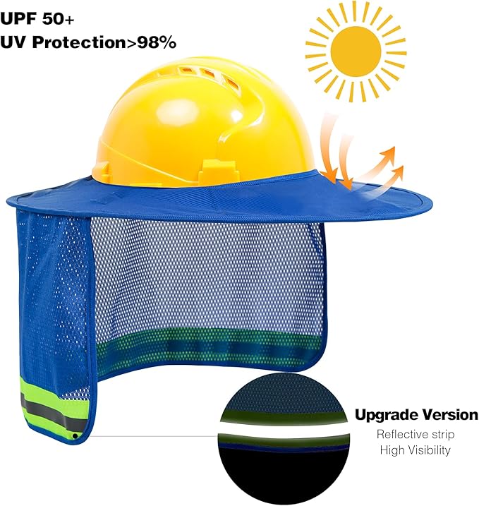 Hard Hat Sun Shade, High Visibility Sun Visor Neck Shade with Reflective Strip, Full Brim, Man & Woman (Hard Hat Not Included), Blue, 3 Pack