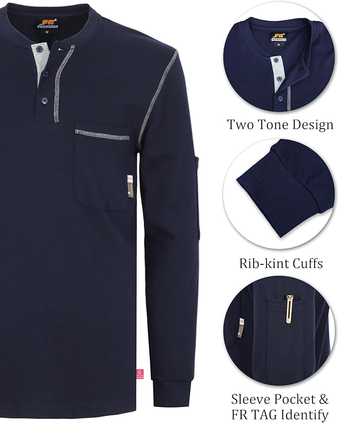 KONRECO FR Shirts for Men Long Sleeve 7oz Cotton Flame Resistant/Fire Retardant CAT2 Henley Shirt