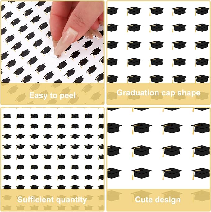 JarThenaAMCS 2400Pcs Mini Graduation Cap Sticker Grad Hat Paper Decal Black Gold Self-Adhesive Sticker for Planner Reward Envelope Scrapbook DIY Supplies, 0.5 in
