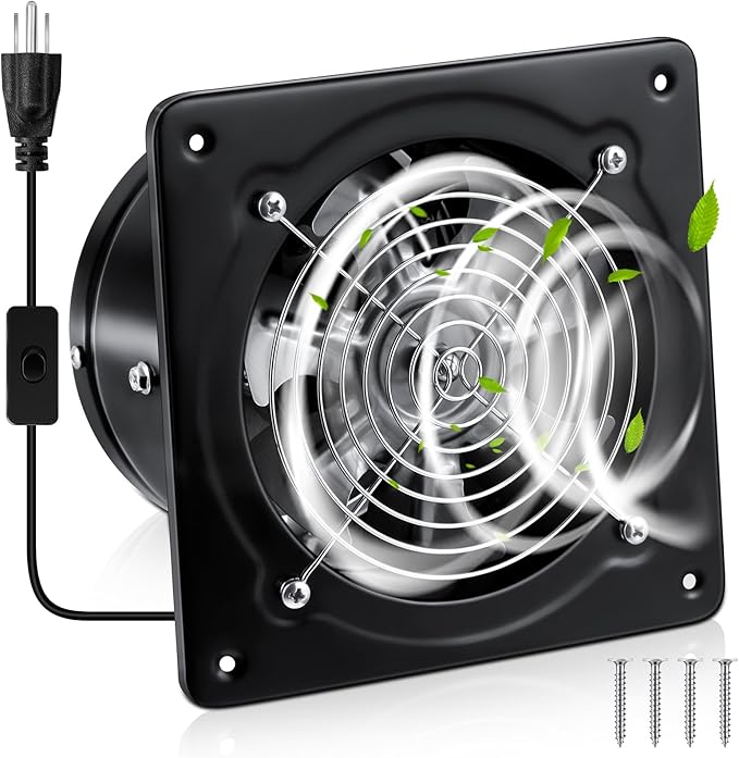8 Inch Exhaust Fan 576 CFM Kitchen Exhaust Fan with Switch Small Exhaust Fan Bathroom Potable Plug in Garage Exhaust Fan with Damper for Shop, Smoking Room, Industrial Ventilation Use, Black
