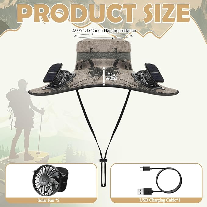 Berlune Men Sun Hat with 2 Solar Fans Wide Brim Outdoor Fishing Hat USB & Solar Powered for Sun Protection Camping Hiking