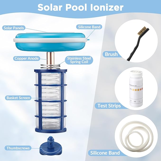 Qualirey 1 Set Solar Pool Ionizer Floating Water Cleaner and Purifier, Kill Algae in Pool, 85% Less Cl, with 4 Pcs Eliminating Ball for Fresh and Salt Water Pools Spas, Reusable(Blue)