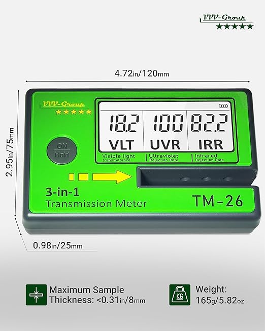 Digital Window Tint Meter TM-26 – Automotive VLT Tester with UVR & IRR Measurement, 8mm Slot Light Transmittance Meter for Car Side Windows and Solar Film Inspection (with PU Case)