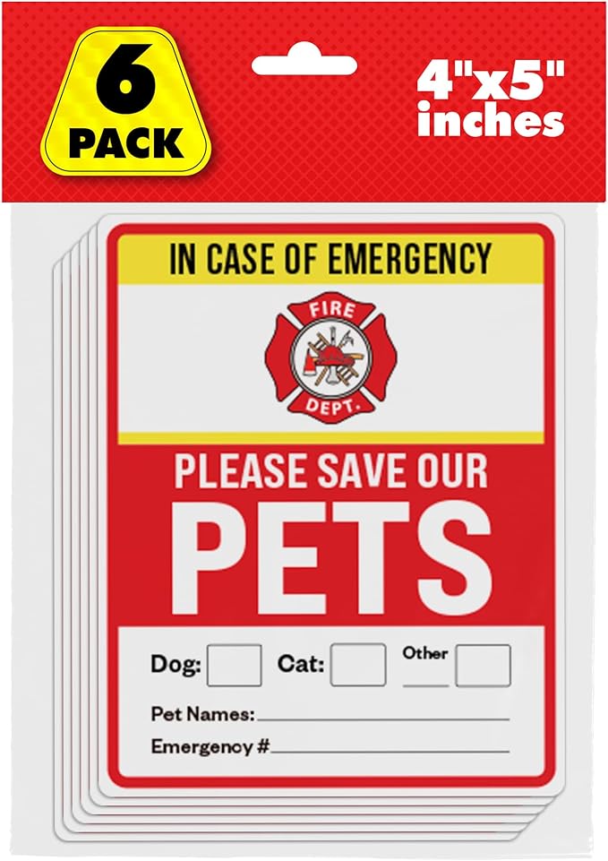 Pet Alert Safety Fire Rescue Sticker, 4" x 5" 6pk - Emergency Pet Inside Decal - in Case of Danger Home Window Door Sign
