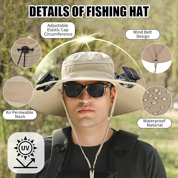 Wide Brim Outdoor Solar Fan Hat, UPF 50+ Fishing Hat for Man with 2 Solar Fan, 3 Modes 180°Rotating Fan Hats