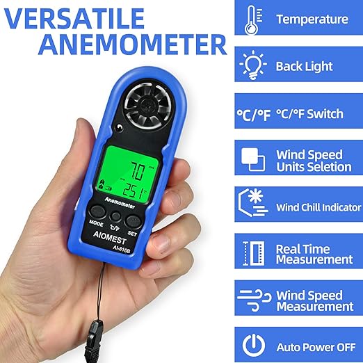 AIOMEST Digital Anemometer, Mini Wind Speed Meter Air Flow Gauge Measuring Wind Velocity Temperature, Handheld Velometer AI-816B with Max/AVG/Current Wind Chill for HVAC Shooting Sailing