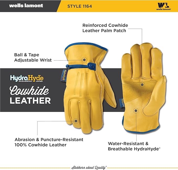 Wells Lamont Men's Adjustable HydraHyde Leather Work Gloves – Water-Resistant, Breathable, Durable – Ideal for Gardening, Landscaping, Ranching – Heavy Duty Leather Work Gloves – Saddletan, Medium