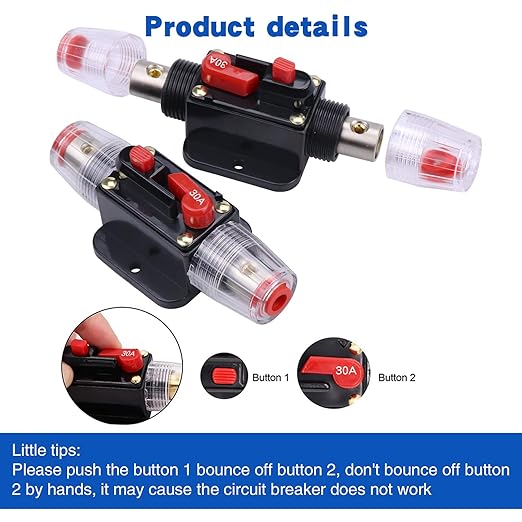 30 Amps Audio Inline Circuit Breaker Reset Fuse, 12V-24V DC Manual Reset Inline Fuse Holder for Car Marine Trolling Motors Audio, Stereo Switch and Solar Inverter System Protection 30A 2 Pcs
