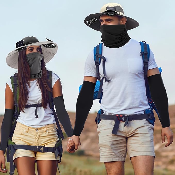 Syhood Solar Powered Fan Hat with Arm Sleeves Neck Gaiter for Men Women Outdoor Wide Brim Bucket Hat with Fan for Hiking