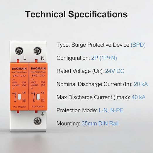 Baomain 2P (1P+N) Surge Protective,24V DC 40kA,BMD1-C40 Single-Phase SPD with Neutral Protection,for Solar Charge Controllers and Low-Voltage DC Systems,DIN Rail Mounting,Flame Retardant Housing