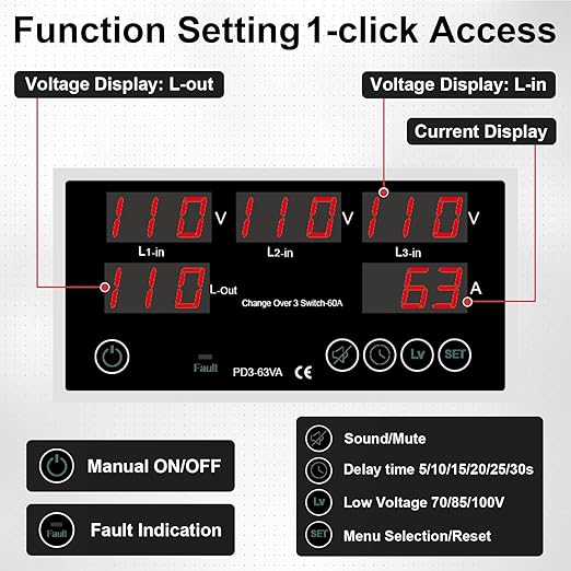 One-Click Setup Automatic Transfer Switch with Priority Phase L1＞L2＞L3, 4P 63A 110V 40/50/60/70Hz ATS Electrical Selector Switch Generator Changeover Switch V/A Protector Din Rail Mount