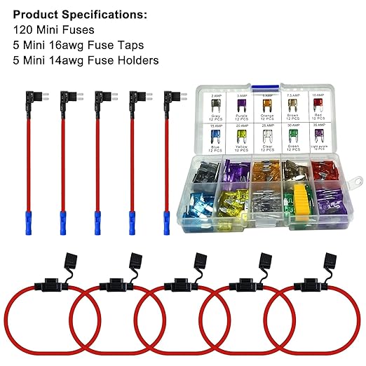 MuHize Mini Fuse Tap Kit - Inline 14AWG Fuse Holders, Upgraded Fuses Taps with 120 Pack Mini Fuses(2A/3A/5A/7.5A/10A/15A/20A/25A/30A/35A) for Car Camper