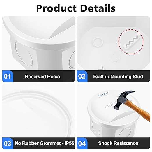 Waterproof Electrical Junction Box (D3.1 x H2) with 4 Reserved Holes for Electronics - Sturdy ABS Plastic IP55 Dustproof Project Enclosure - White, (D80 x H50 mm)