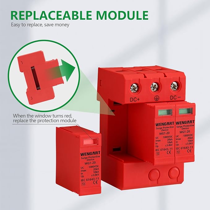 DC 1000V Surge Protective Device (SPD), 3-Pole 20kA Solar PV Lightning Arrester, Photovoltaic Surge Suppressor, DIN Rail Mount, Replaceable Modular Design, Red