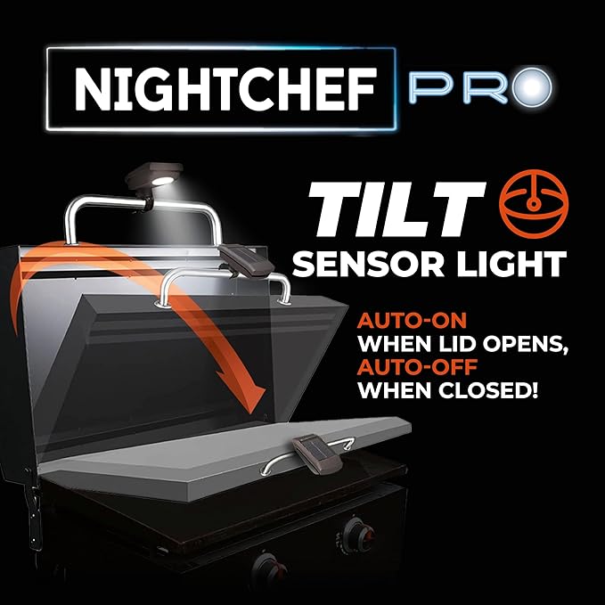 Night Chef Pro Outdoor Grill Light - Solar & USB-C Rechargeable LED BBQ Light Auto On/Off Tilt Sensor, Universal Mount, Weatherproof Grill Accessory for Blackstone, Weber & Most Grills
