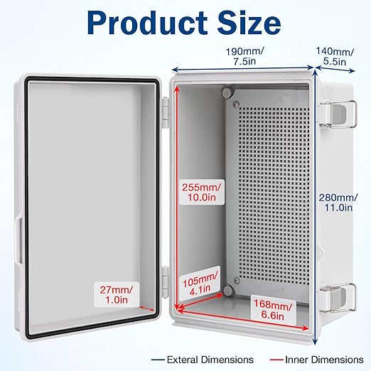 WISYOK Waterproof Outdoor Electrical Box, 11"x7.5"x5.5" Weatherproof IP67 ABS Junction Box with Mounting Plate, Hinged Cover, Wall Brackets, Grey Enclosure for Outdoor Projects