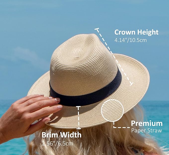 Joywant Womens Straw Fedora Beach Sun Hat, Packable Wide Brim Panama Hat for Women UV UPF50+ Summer Hat