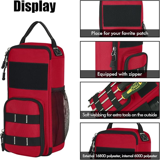 LAKE OF FIRE 12.6" Small Tool Bag Pouch for Men with Multiple Pockets, Waterproof Heavy Duty Tool Bag Organizer with Zipper and Portable Handle (Red)
