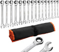 VEVOR Combination Wrench Set, 16-Piece SAE Sizes, 72 Teeth, Cr-V Steel Ratcheting Wrench Set, with Roll Up Pouch, Open End, Clear Size Labels, for General Household and Automotive Repairs, Silver